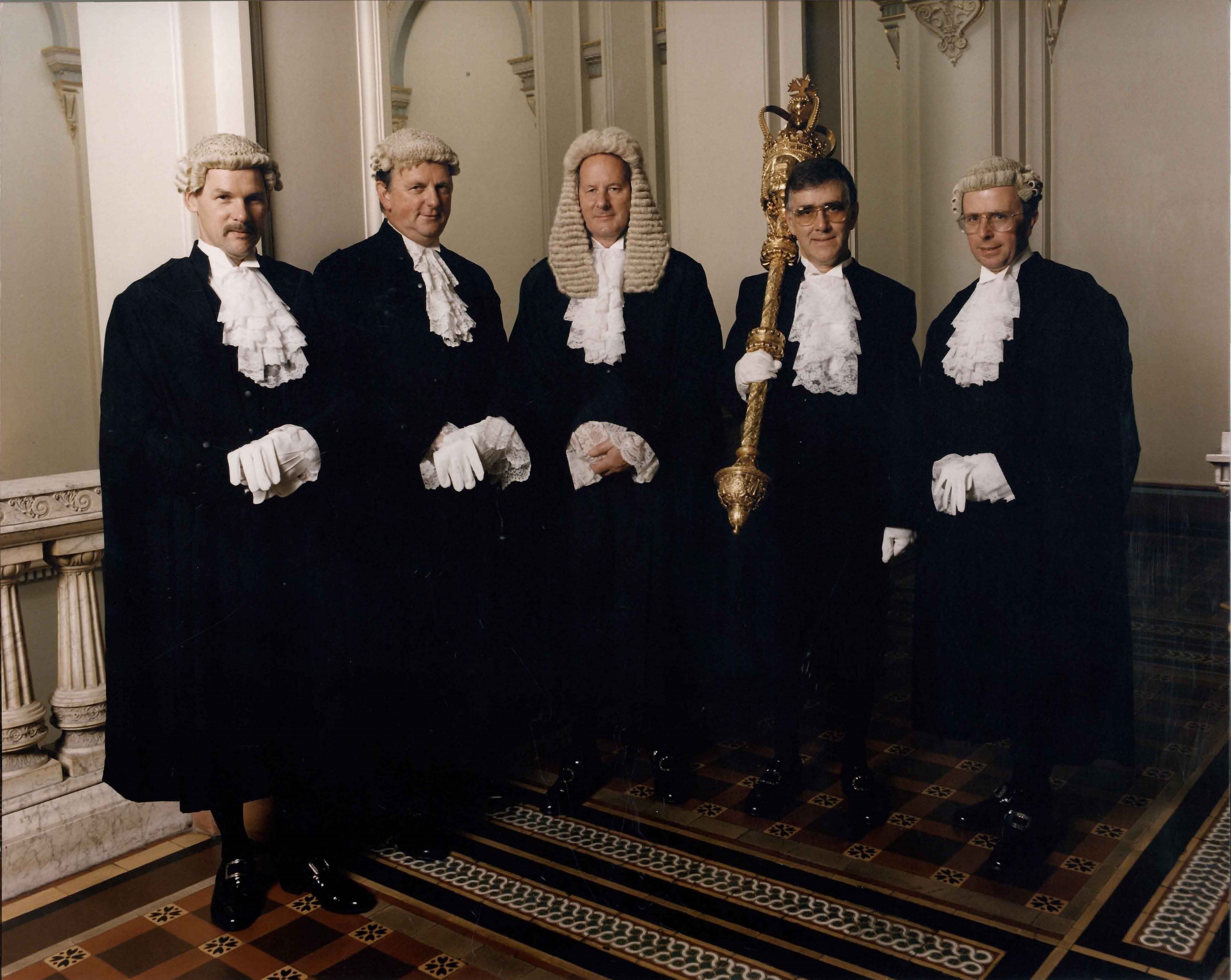 The Speaker, Clerk, Deputy Clerk, Assistant Clerk and Serjeant-at-Arms of the 53rd Parliament in wigs and gowns, 20 May 1998. Photograph by Chris Cassar. Courtesy of Parliament of Victoria.