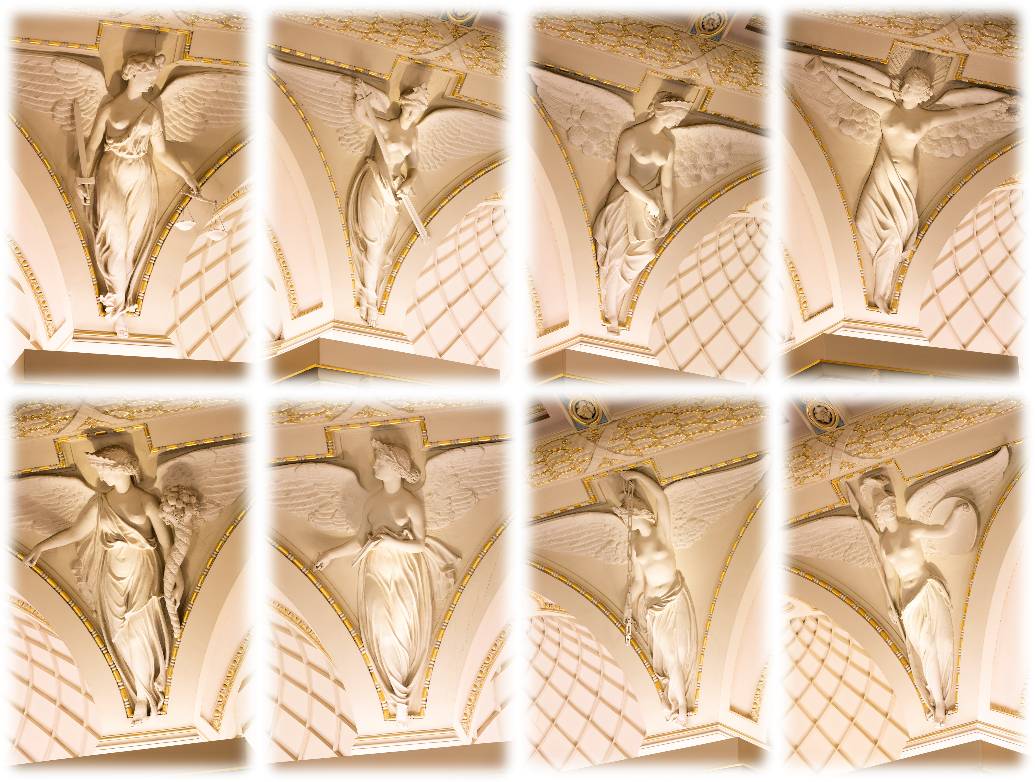 Shown clockwise from top left: Justice, Mercy, Architecture, Fame, Wisdom, Unity, History, Plenty.