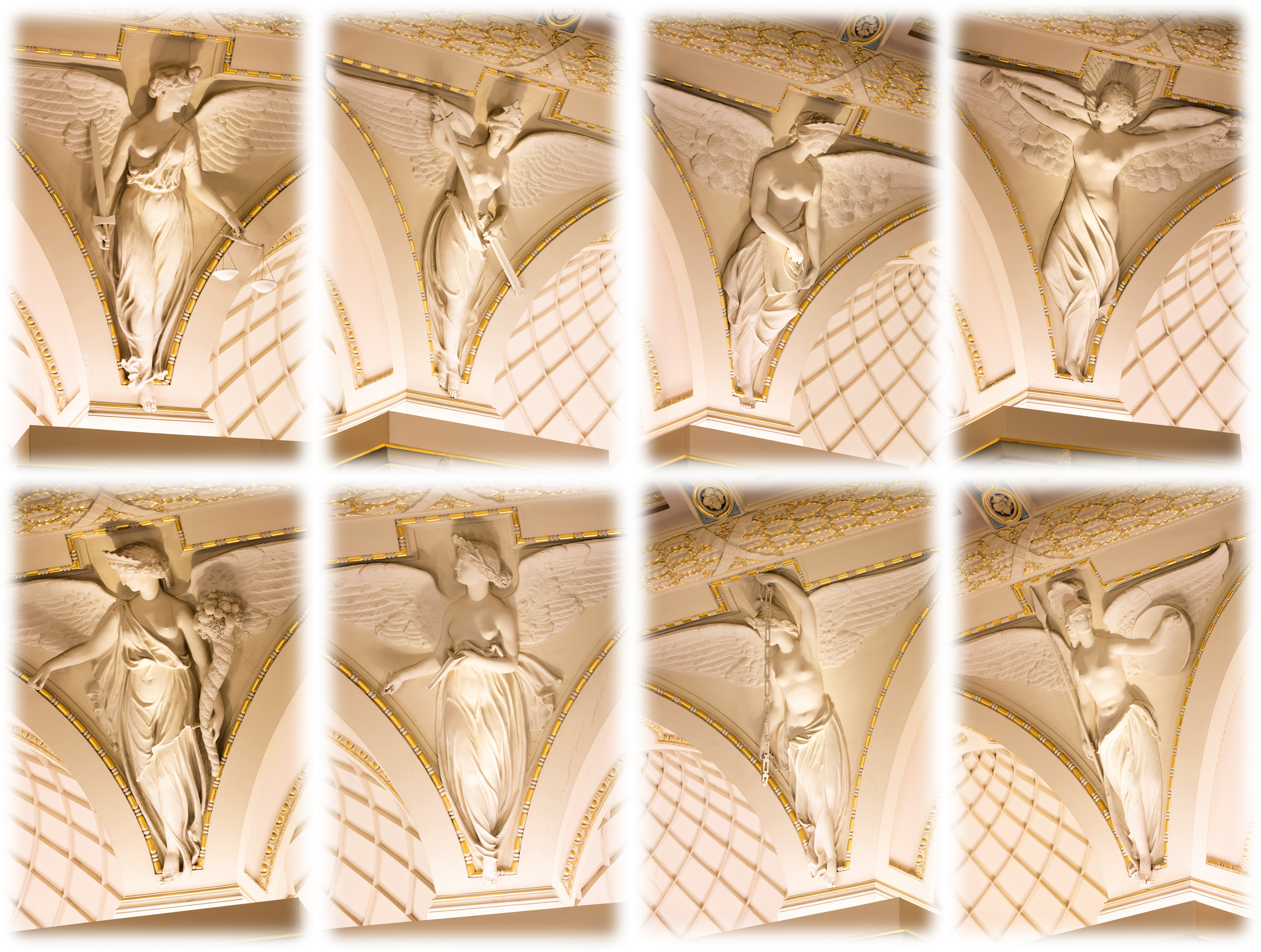 Shown clockwise from top left: Justice, Mercy, Architecture, Fame, Wisdom, Unity, History, Plenty.