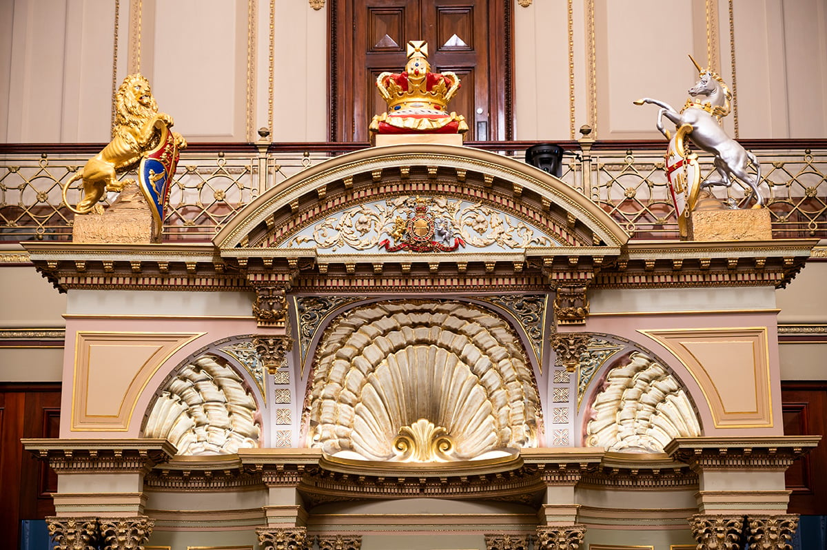 The vice regal canopy, showing the lion, unicorn and crown. 