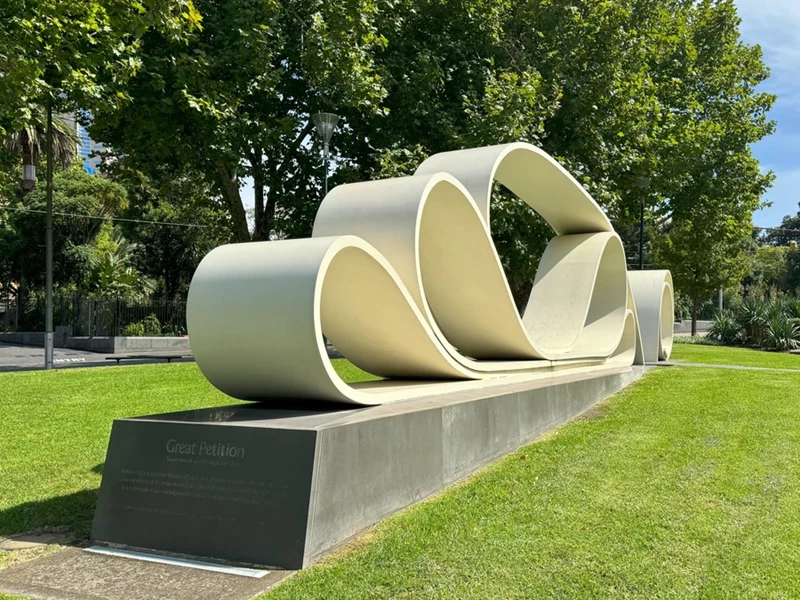 Great Petition sculpture by Susan Hewitt and Penelope Lee, commemorating the petition. Located on Burston Reserve near Parliament House.