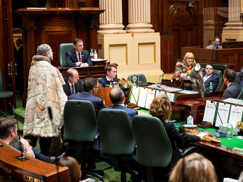 Co-Chairs of the First Peoples' Assembly of Victoria, Marcus Stewart and Geraldine Atkinson, deliver an historic address to the Legislative Assembly.