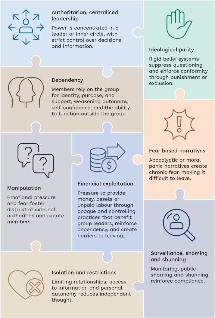 Common characteristics and harmful dynamics of coercive high control groups