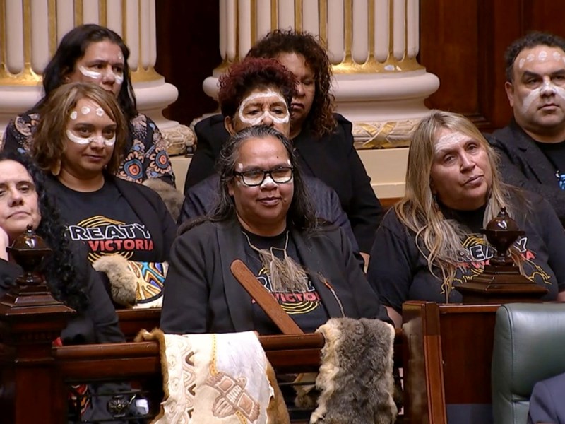 Members of the First Peoples' Assembly of Victoria watch the debate on the Treaty Authority Bill.