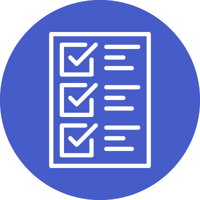 Blue circle with a list and three check marks.
