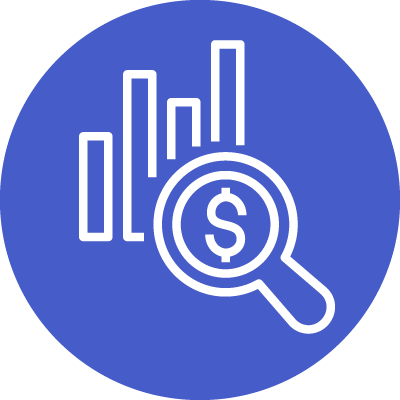 – Blue circle with bar chart and magnifying glass showing a dollar sign.