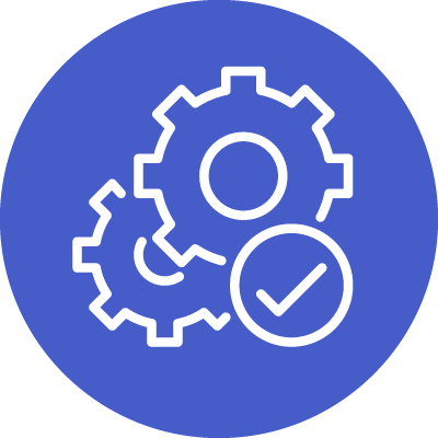 Blue circle with two gears and a check mark.