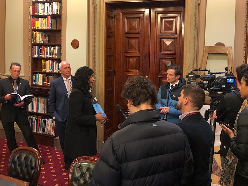 Committee member Samantha Ratnam addresses the media about the release of the Legislative Council Environment and Planning Committee's report into renewable energy in Victoria.