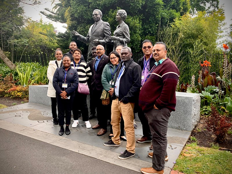 Civic walk by Pacific Island staff included a visit to the statue of Pastor Sir Douglas and Lady Gladys Nicholls in Parliament Gardens.